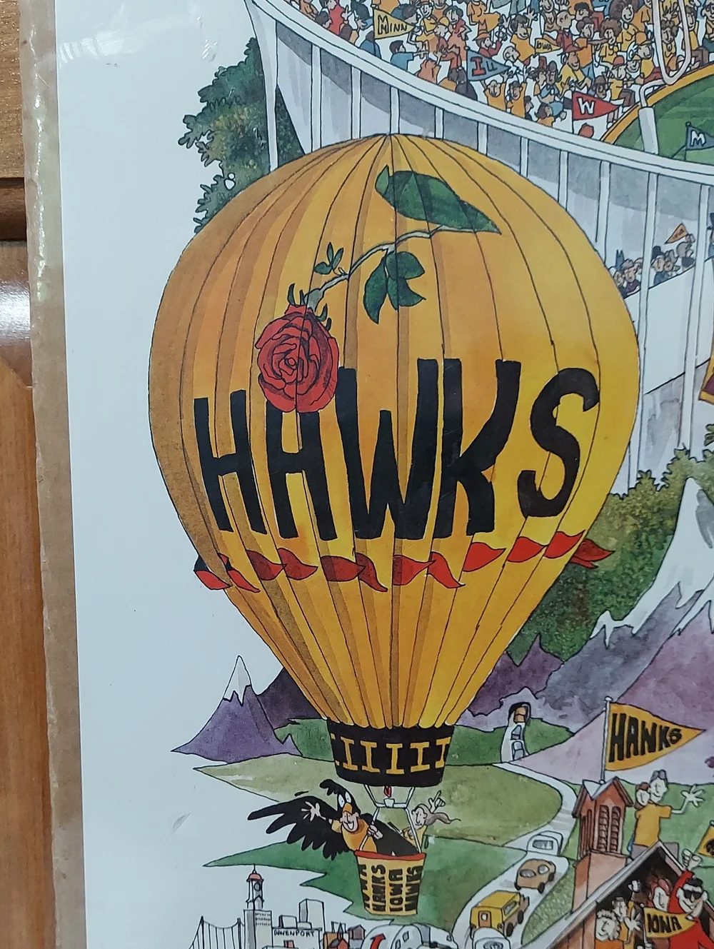Iowa Hawkeyes Rose Bowl 82 Poster Illustrated Stadium Scene by John Holladay Vtg